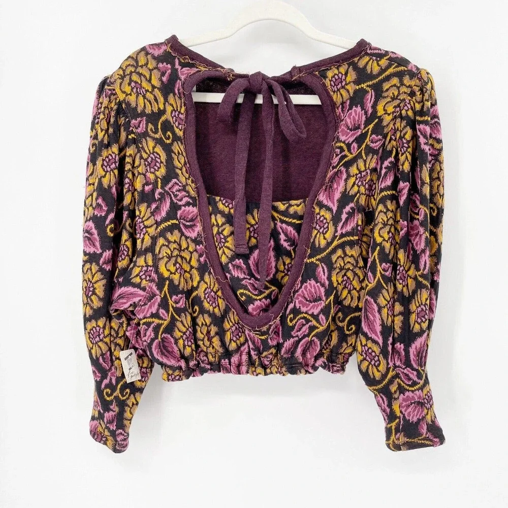 NWT Free People No Ordinary Top Tapestry Crop‎ Blouse Sz XS Purple Tie Puff Slv
